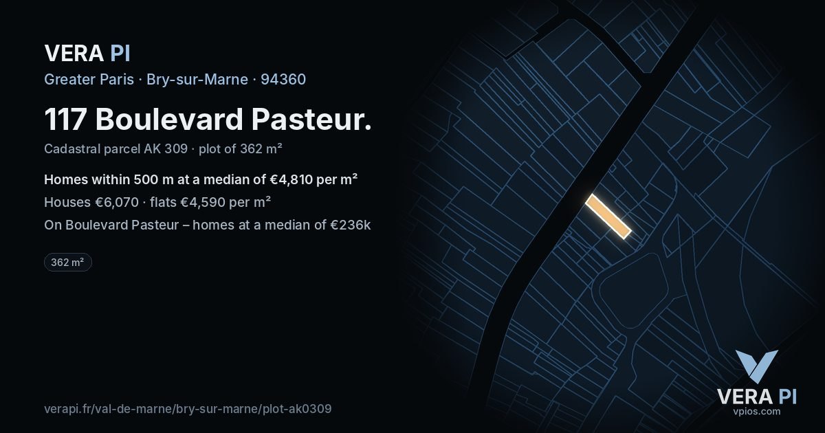 117 Boulevard Pasteur, Bry-sur-Marne at night – the plot lit, the parcels around coloured by the prices near them