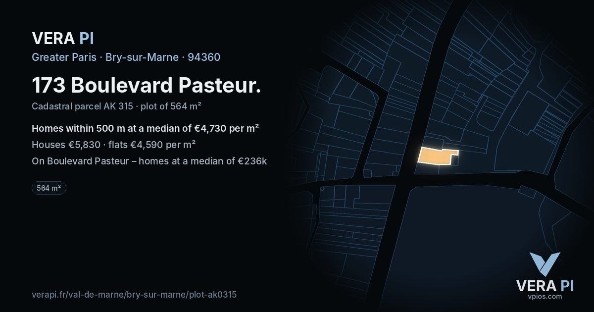 173 Boulevard Pasteur, Bry-sur-Marne at night – the plot lit, the parcels around coloured by the prices near them