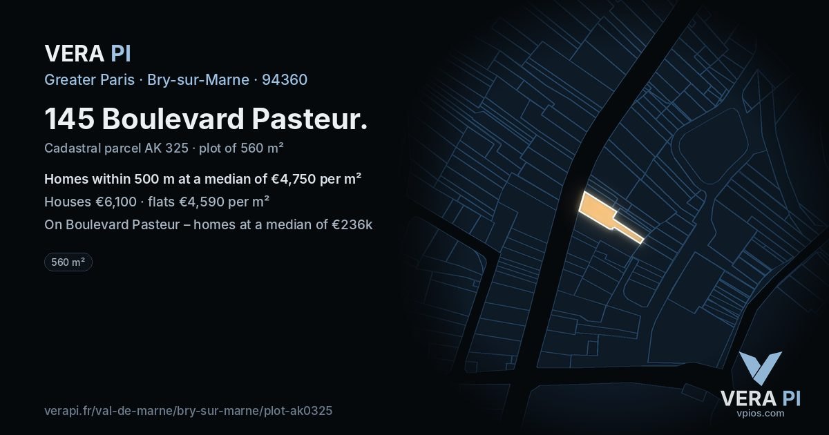 145 Boulevard Pasteur, Bry-sur-Marne at night – the plot lit, the parcels around coloured by the prices near them