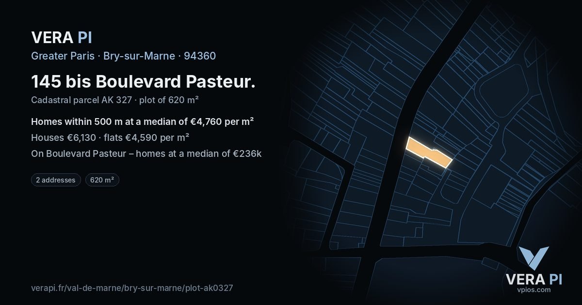 145 bis Boulevard Pasteur, Bry-sur-Marne at night – the plot lit, the parcels around coloured by the prices near them