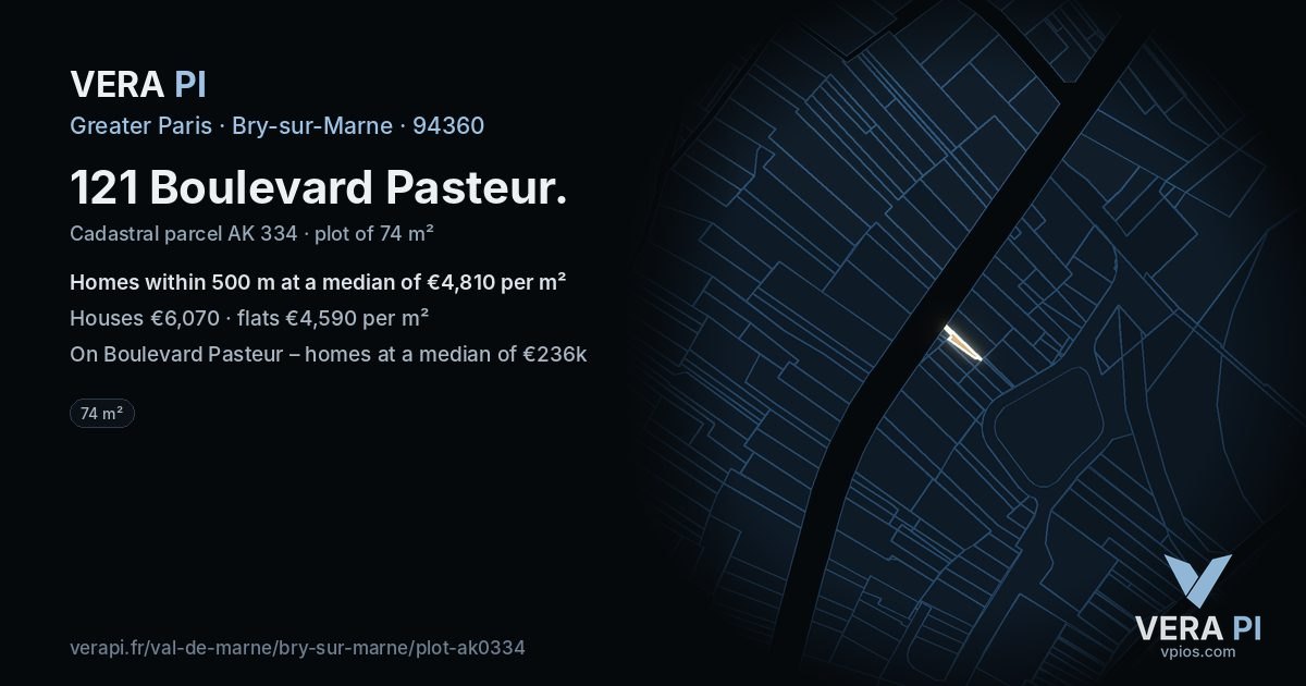 121 Boulevard Pasteur, Bry-sur-Marne at night – the plot lit, the parcels around coloured by the prices near them