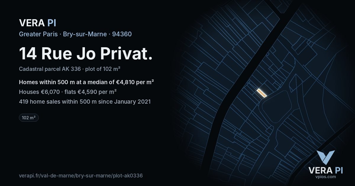 14 Rue Jo Privat, Bry-sur-Marne at night – the plot lit, the parcels around coloured by the prices near them