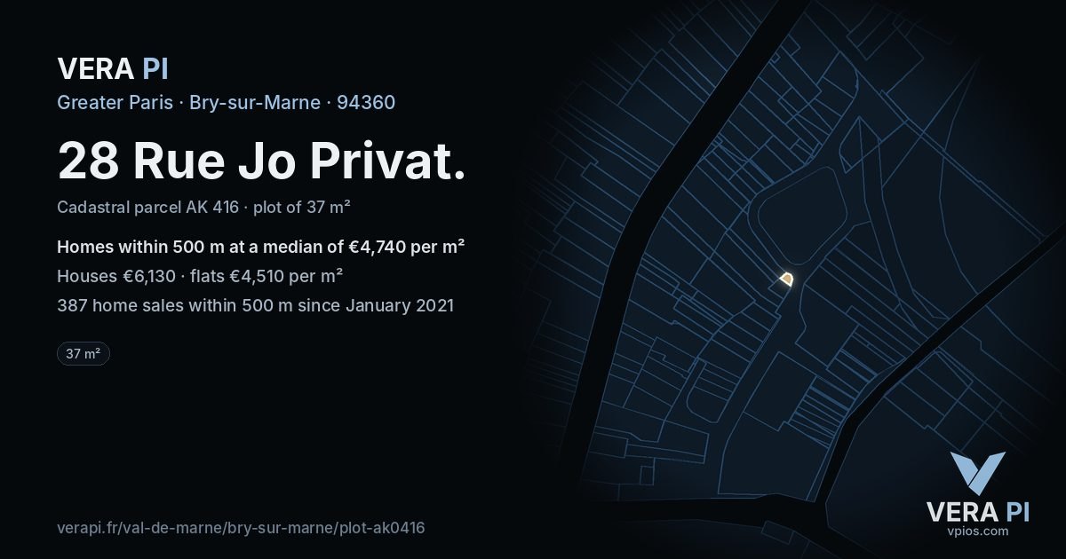 28 Rue Jo Privat, Bry-sur-Marne at night – the plot lit, the parcels around coloured by the prices near them