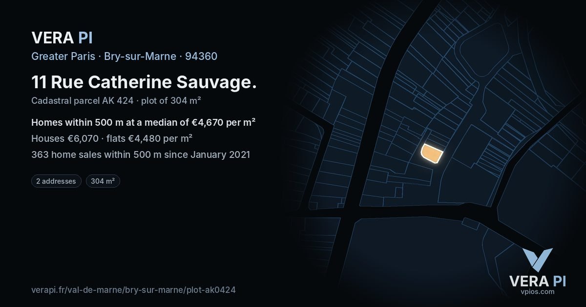 11 Rue Catherine Sauvage, Bry-sur-Marne at night – the plot lit, the parcels around coloured by the prices near them