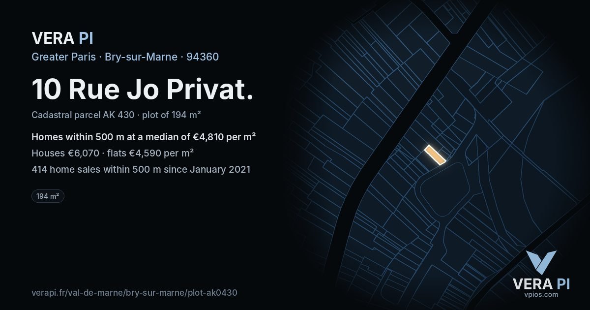 10 Rue Jo Privat, Bry-sur-Marne at night – the plot lit, the parcels around coloured by the prices near them