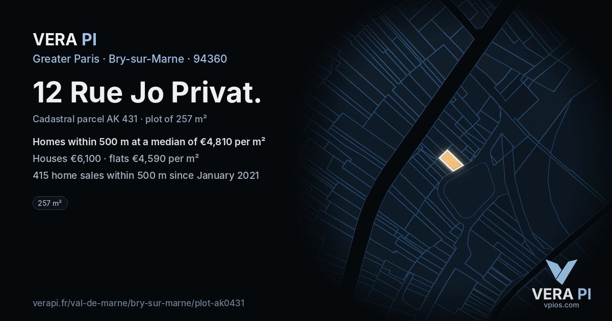 12 Rue Jo Privat, Bry-sur-Marne at night – the plot lit, the parcels around coloured by the prices near them