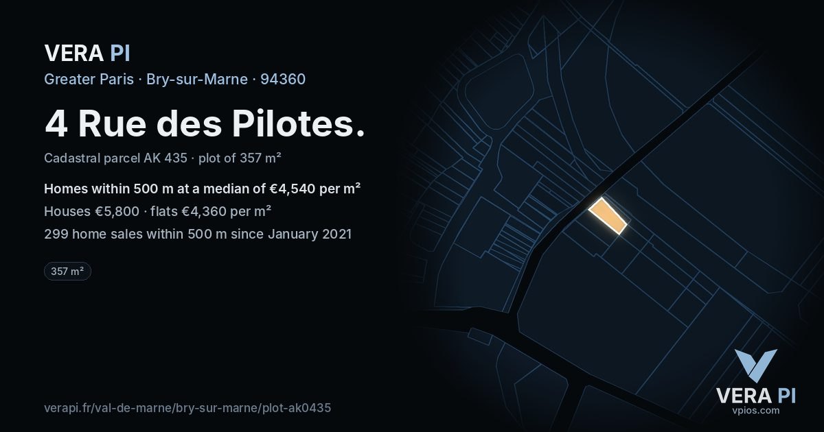 4 Rue des Pilotes, Bry-sur-Marne at night – the plot lit, the parcels around coloured by the prices near them