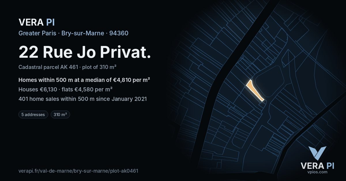 22 Rue Jo Privat, Bry-sur-Marne at night – the plot lit, the parcels around coloured by the prices near them