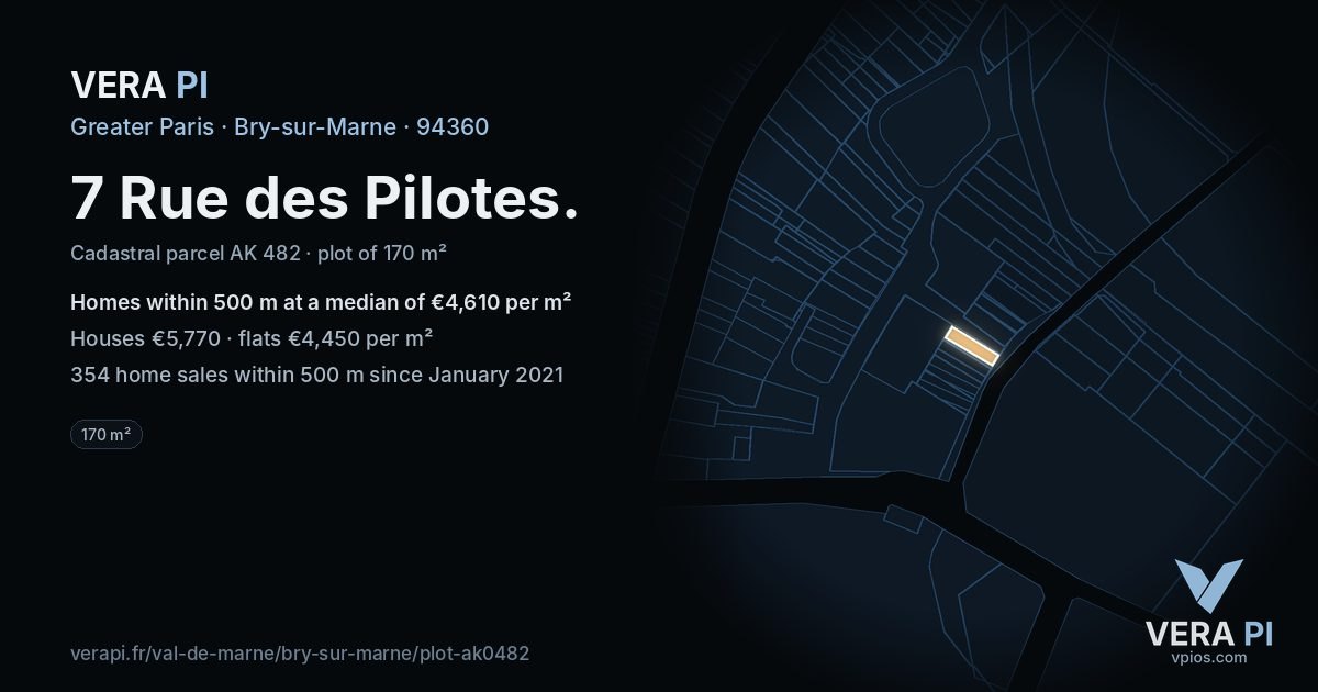 7 Rue des Pilotes, Bry-sur-Marne at night – the plot lit, the parcels around coloured by the prices near them