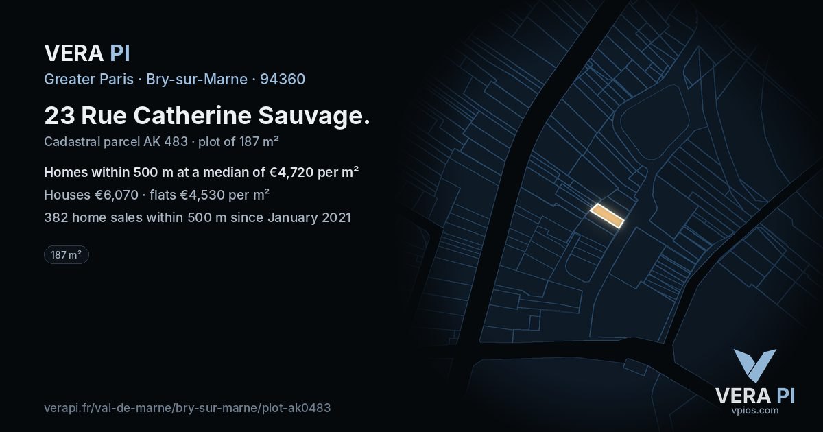 23 Rue Catherine Sauvage, Bry-sur-Marne at night – the plot lit, the parcels around coloured by the prices near them