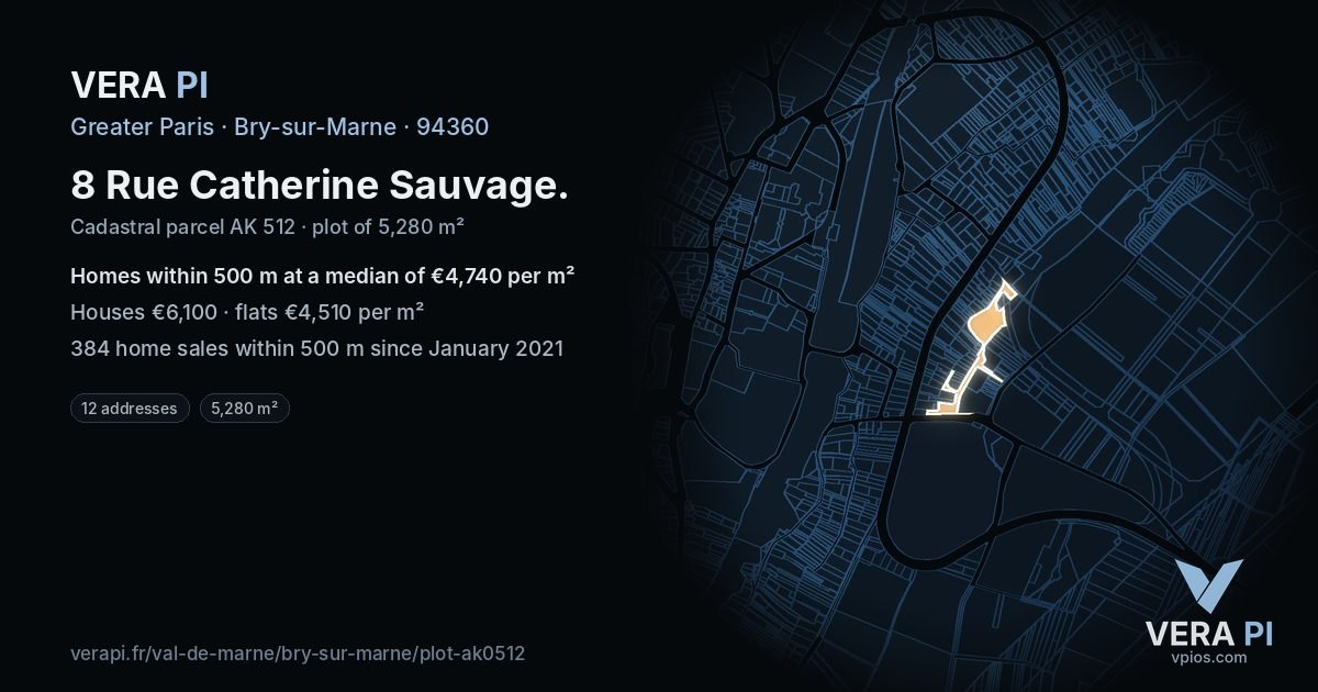 8 Rue Catherine Sauvage, Bry-sur-Marne at night – the plot lit, the parcels around coloured by the prices near them