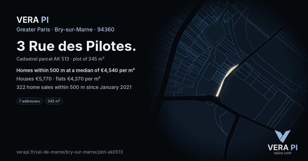 3 Rue des Pilotes, Bry-sur-Marne at night – the plot lit, the parcels around coloured by the prices near them