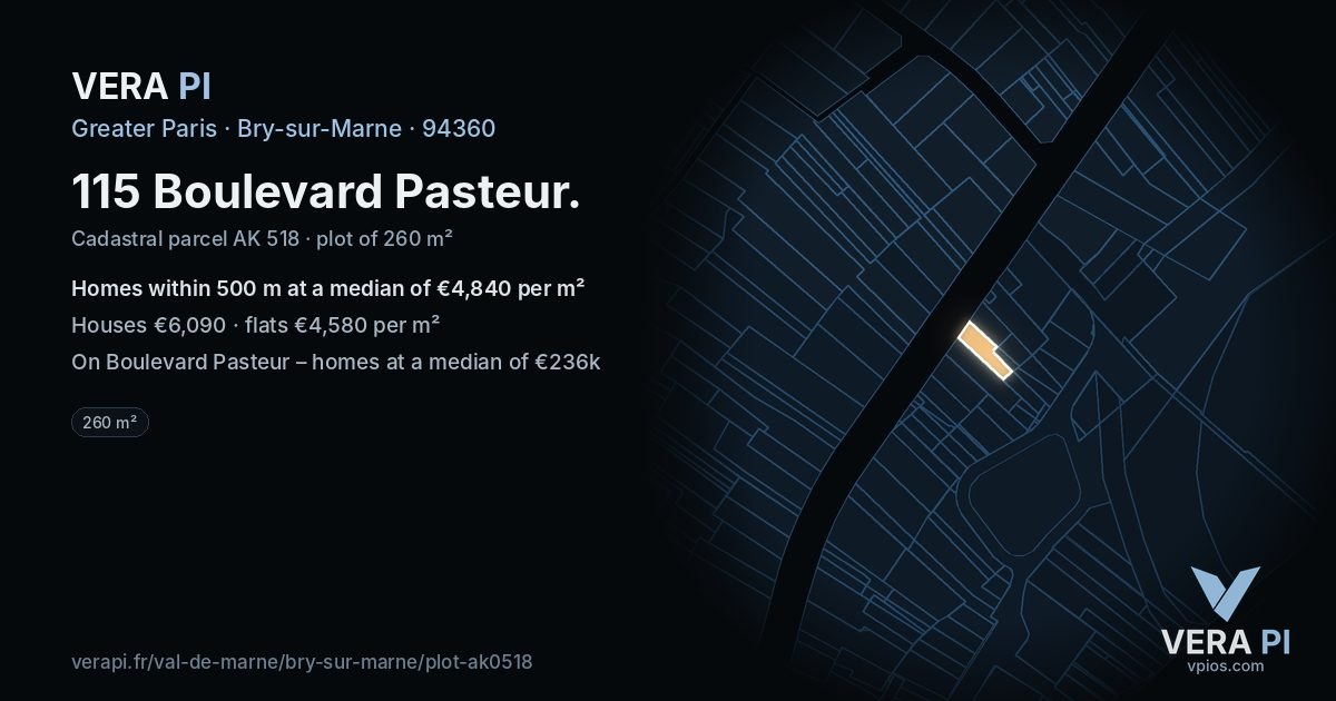 115 Boulevard Pasteur, Bry-sur-Marne at night – the plot lit, the parcels around coloured by the prices near them