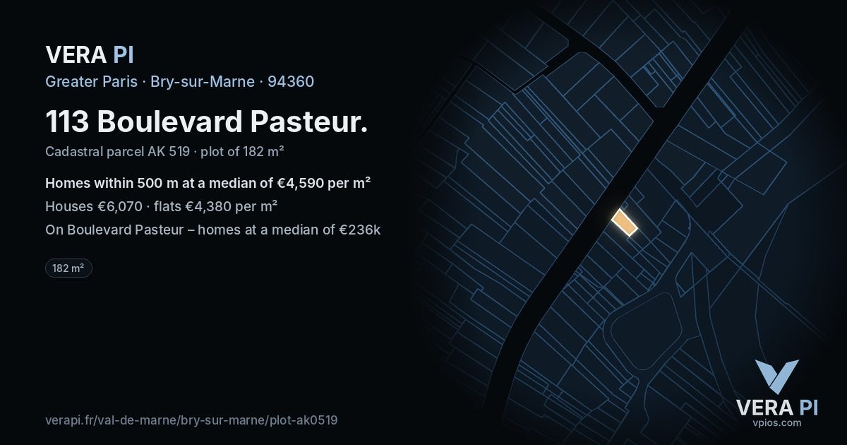 113 Boulevard Pasteur, Bry-sur-Marne at night – the plot lit, the parcels around coloured by the prices near them