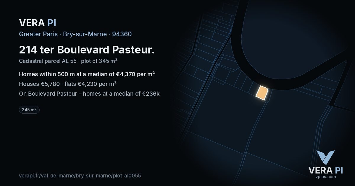 214 ter Boulevard Pasteur, Bry-sur-Marne at night – the plot lit, the parcels around coloured by the prices near them