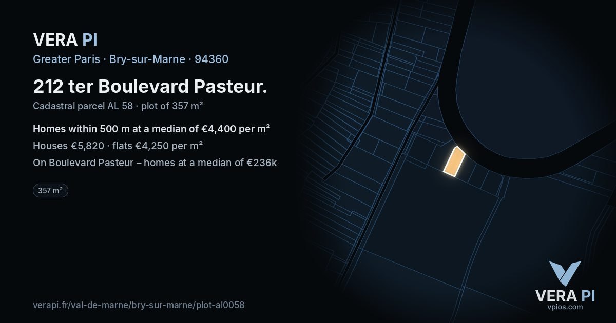 212 ter Boulevard Pasteur, Bry-sur-Marne at night – the plot lit, the parcels around coloured by the prices near them
