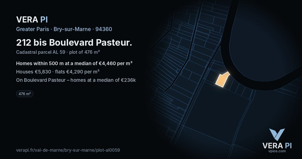 212 bis Boulevard Pasteur, Bry-sur-Marne at night – the plot lit, the parcels around coloured by the prices near them