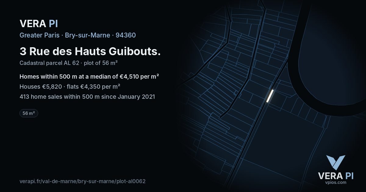 3 Rue des Hauts Guibouts, Bry-sur-Marne at night – the plot lit, the parcels around coloured by the prices near them