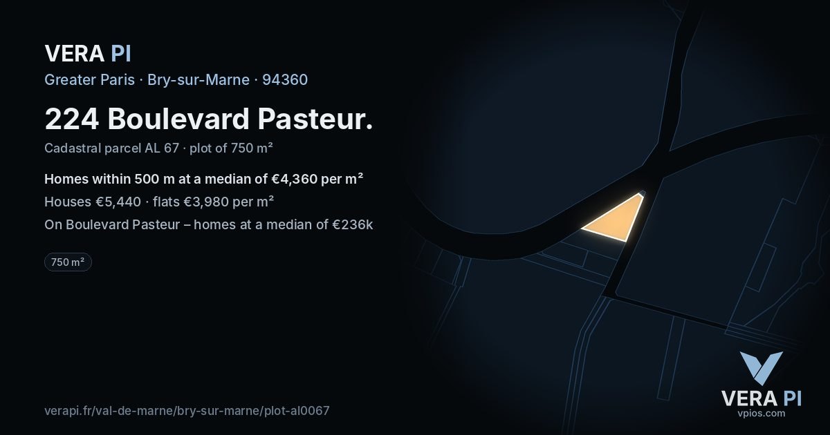 224 Boulevard Pasteur, Bry-sur-Marne at night – the plot lit, the parcels around coloured by the prices near them