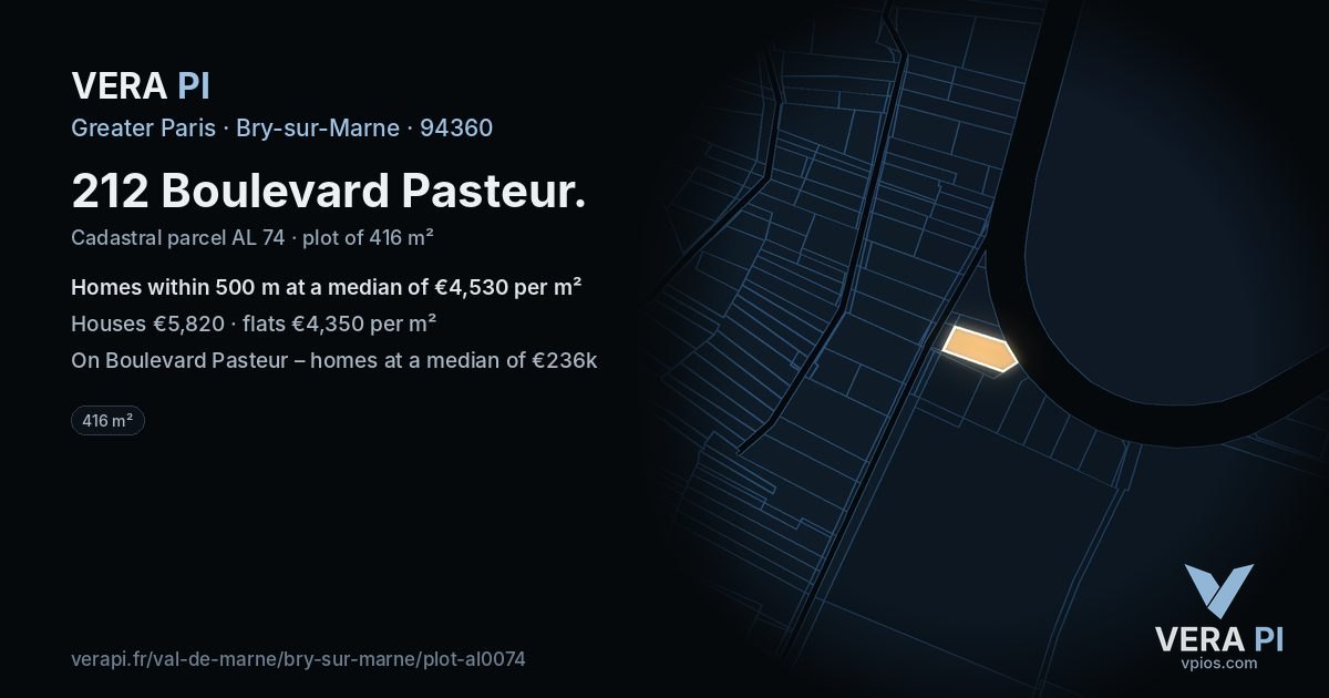 212 Boulevard Pasteur, Bry-sur-Marne at night – the plot lit, the parcels around coloured by the prices near them