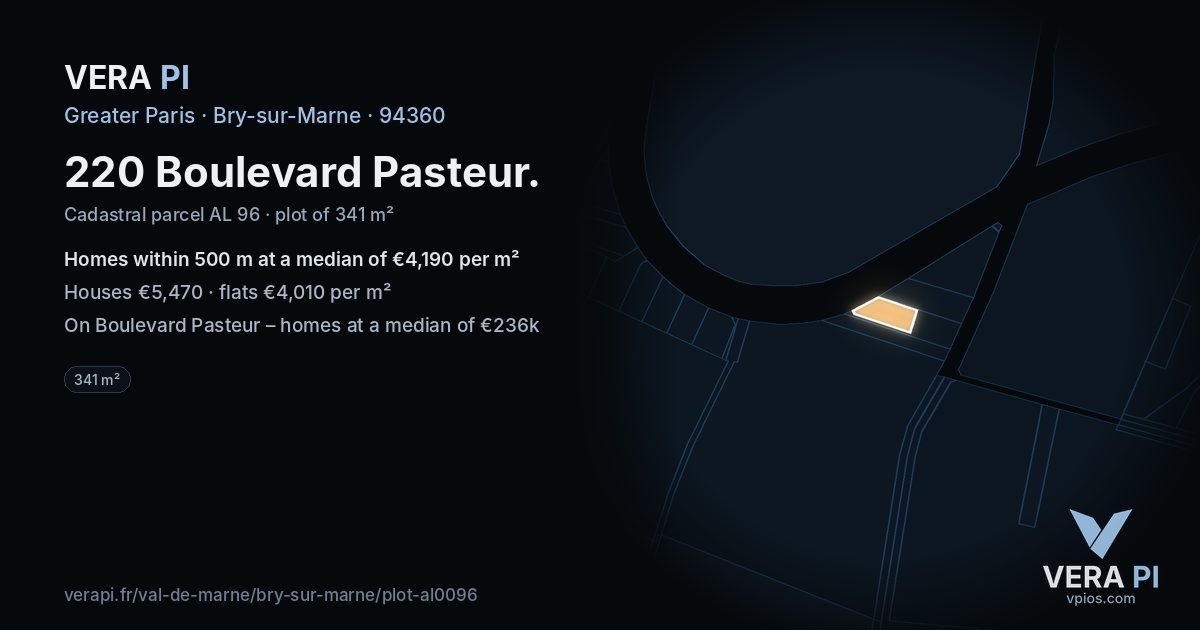 220 Boulevard Pasteur, Bry-sur-Marne at night – the plot lit, the parcels around coloured by the prices near them