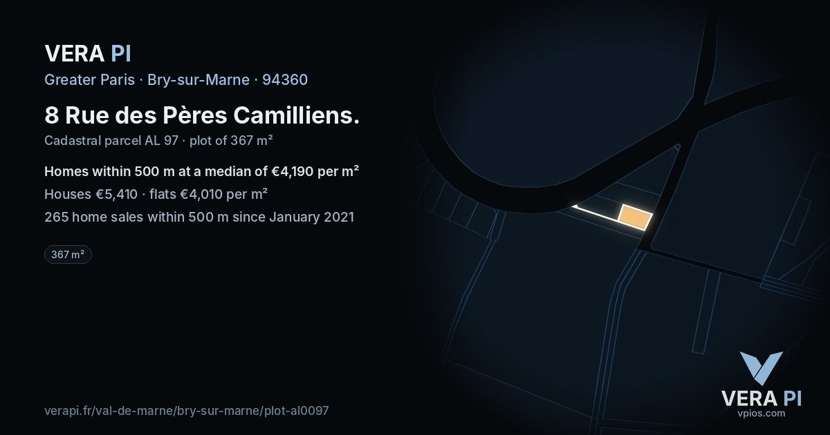 8 Rue des Pères Camilliens, Bry-sur-Marne at night – the plot lit, the parcels around coloured by the prices near them