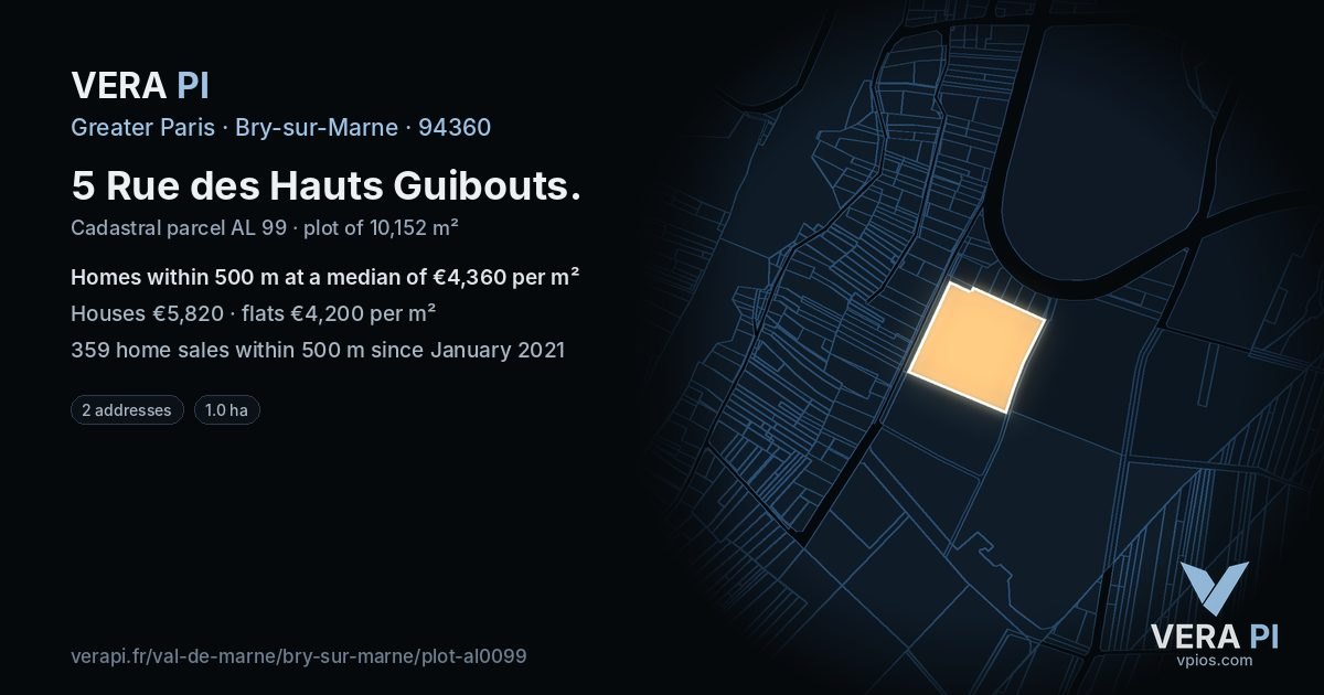 5 Rue des Hauts Guibouts, Bry-sur-Marne at night – the plot lit, the parcels around coloured by the prices near them