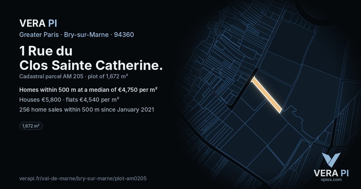 1 Rue du Clos Sainte Catherine, Bry-sur-Marne at night – the plot lit, the parcels around coloured by the prices near them