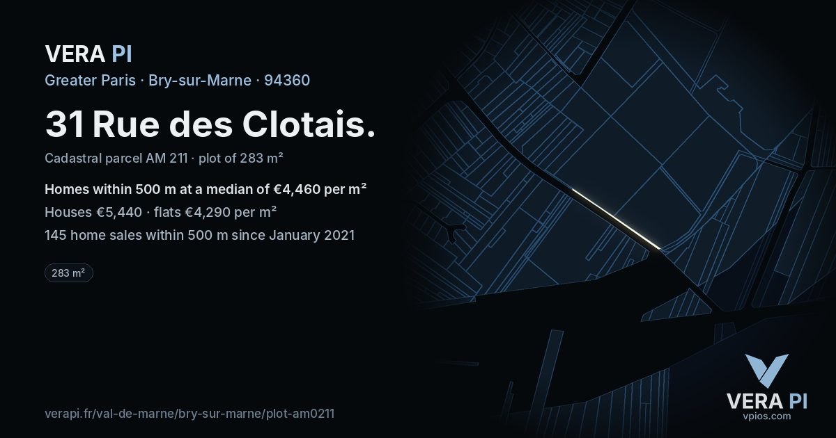 31 Rue des Clotais, Bry-sur-Marne at night – the plot lit, the parcels around coloured by the prices near them