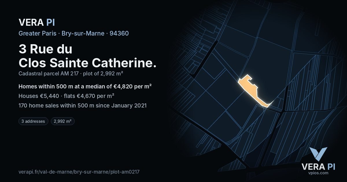 3 Rue du Clos Sainte Catherine, Bry-sur-Marne at night – the plot lit, the parcels around coloured by the prices near them