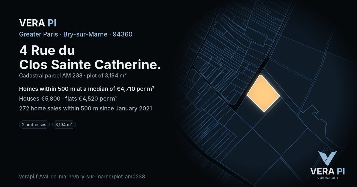4 Rue du Clos Sainte Catherine, Bry-sur-Marne at night – the plot lit, the parcels around coloured by the prices near them