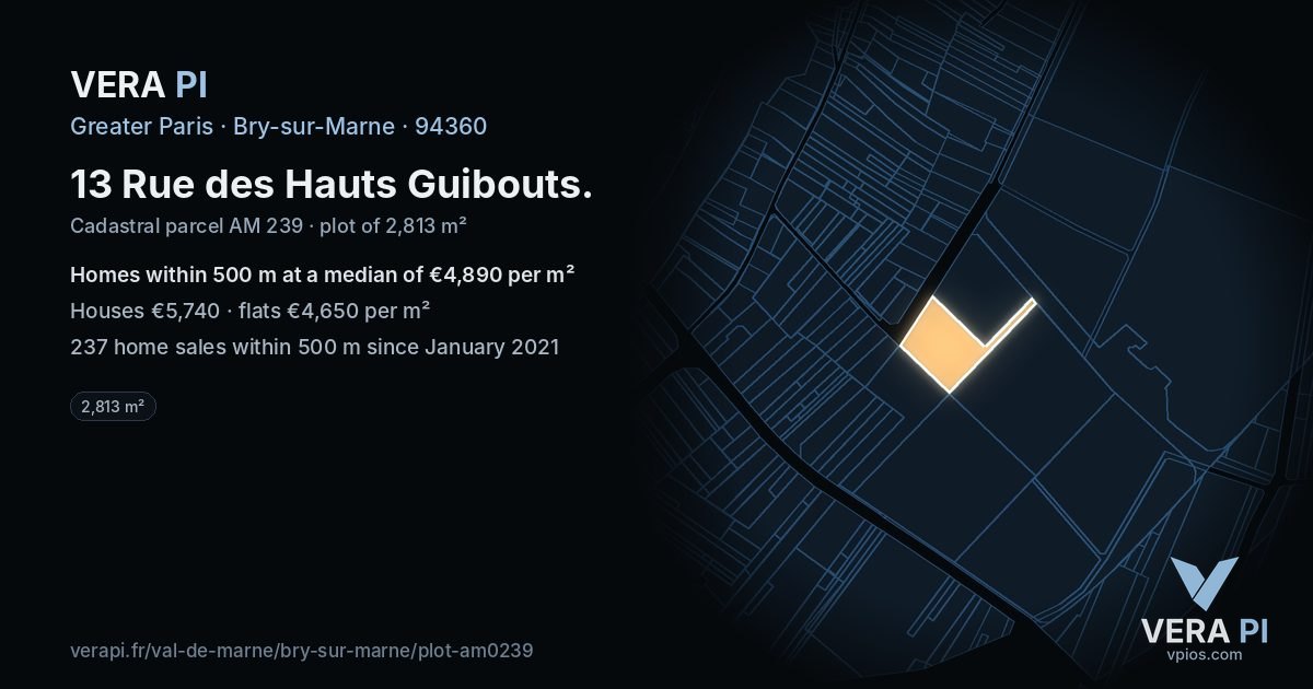 13 Rue des Hauts Guibouts, Bry-sur-Marne at night – the plot lit, the parcels around coloured by the prices near them