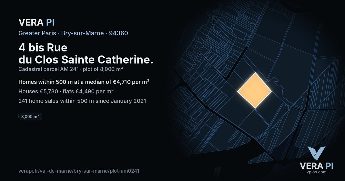 4 bis Rue du Clos Sainte Catherine, Bry-sur-Marne at night – the plot lit, the parcels around coloured by the prices near them
