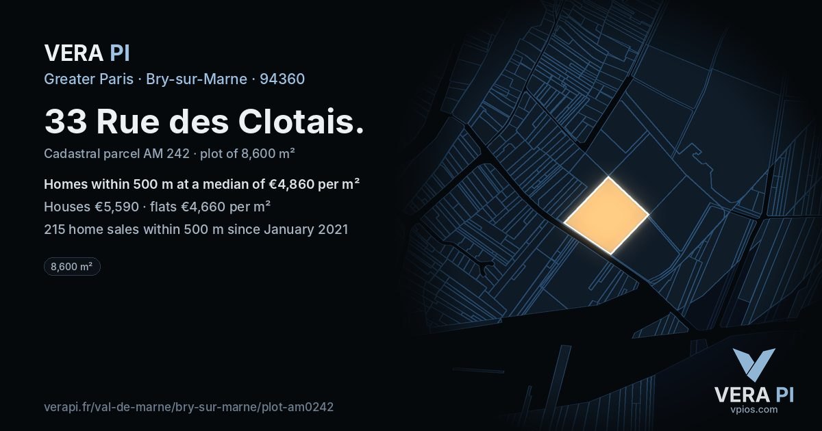 33 Rue des Clotais, Bry-sur-Marne at night – the plot lit, the parcels around coloured by the prices near them