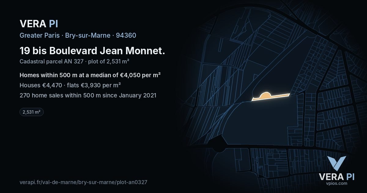 19 bis Boulevard Jean Monnet, Bry-sur-Marne at night – the plot lit, the parcels around coloured by the prices near them