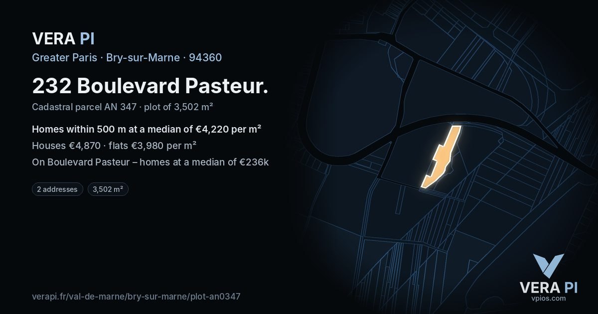 232 Boulevard Pasteur, Bry-sur-Marne at night – the plot lit, the parcels around coloured by the prices near them