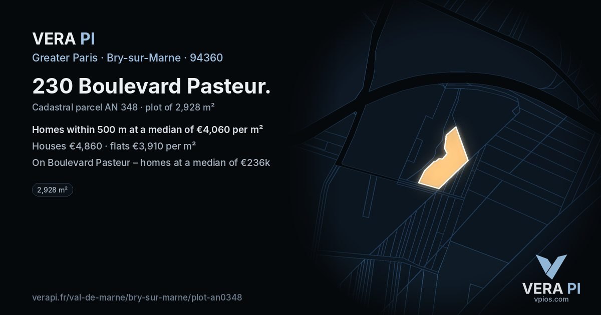 230 Boulevard Pasteur, Bry-sur-Marne at night – the plot lit, the parcels around coloured by the prices near them