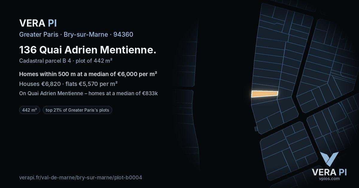 136 Quai Adrien Mentienne, Bry-sur-Marne at night – the plot lit, the parcels around coloured by the prices near them