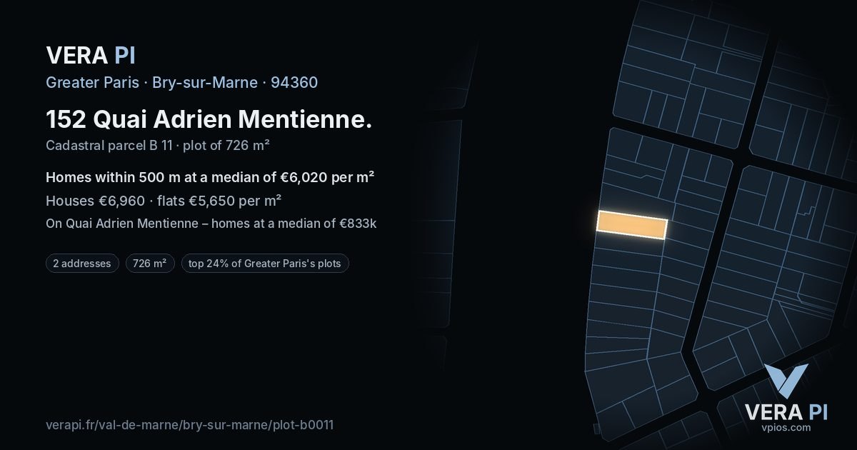 152 Quai Adrien Mentienne, Bry-sur-Marne at night – the plot lit, the parcels around coloured by the prices near them
