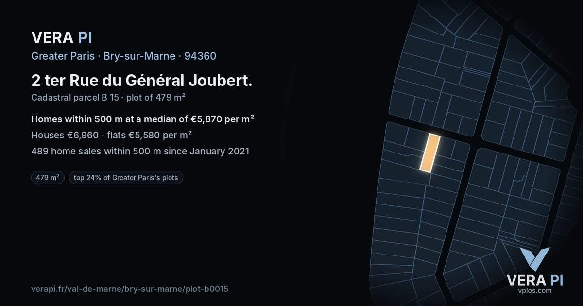 2 ter Rue du Général Joubert, Bry-sur-Marne at night – the plot lit, the parcels around coloured by the prices near them