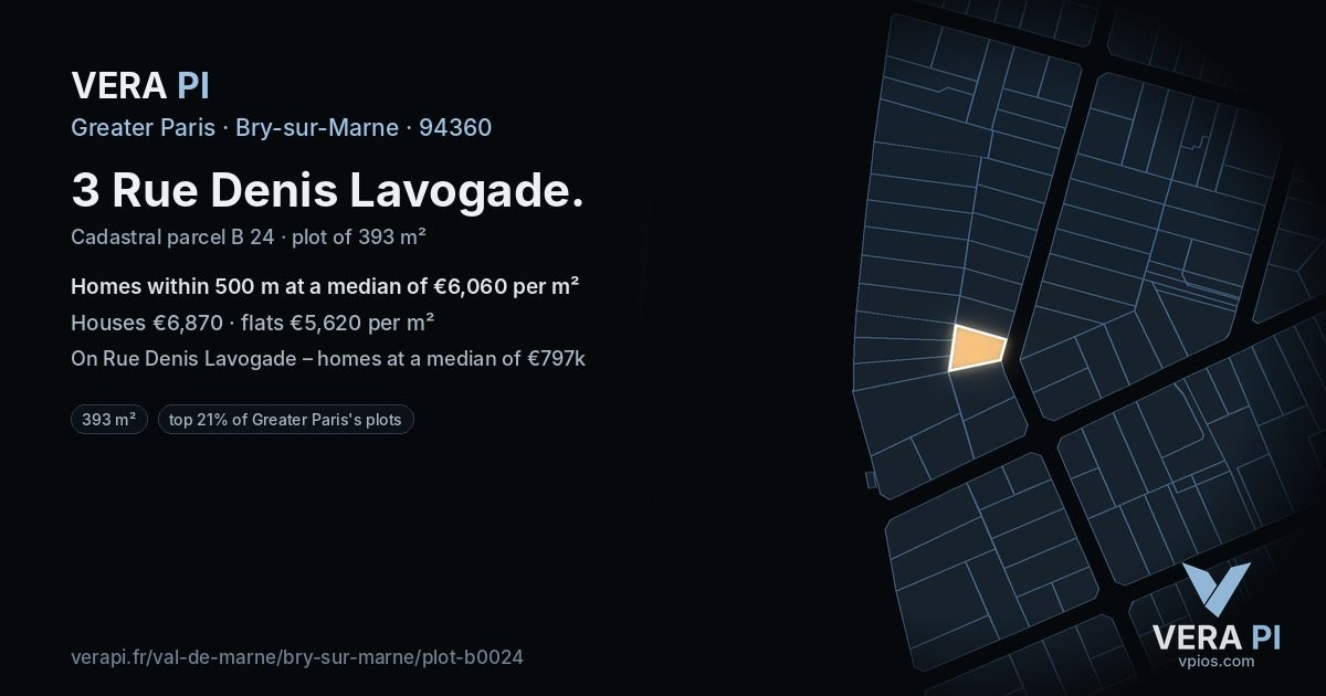 3 Rue Denis Lavogade, Bry-sur-Marne at night – the plot lit, the parcels around coloured by the prices near them
