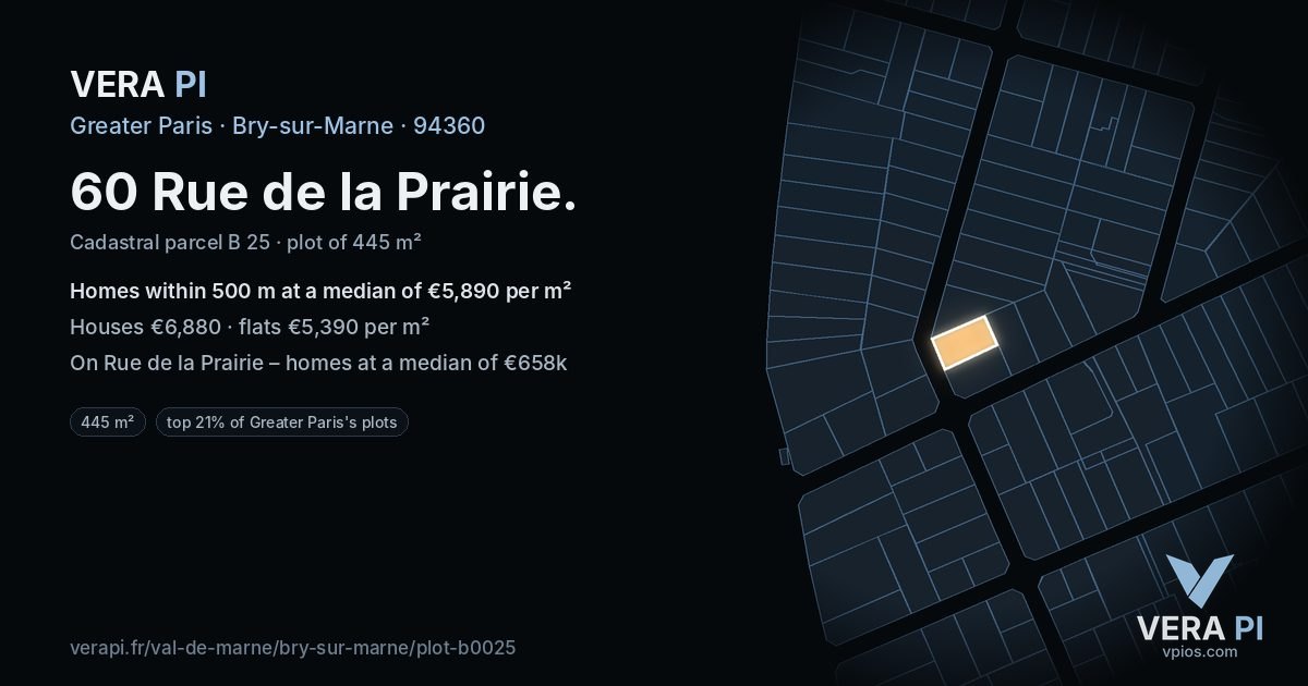 60 Rue de la Prairie, Bry-sur-Marne at night – the plot lit, the parcels around coloured by the prices near them