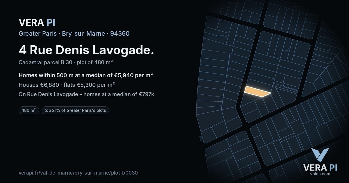 4 Rue Denis Lavogade, Bry-sur-Marne at night – the plot lit, the parcels around coloured by the prices near them
