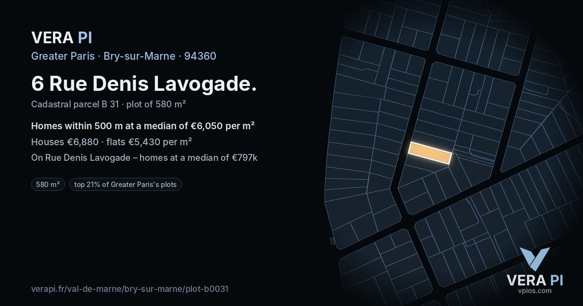 6 Rue Denis Lavogade, Bry-sur-Marne at night – the plot lit, the parcels around coloured by the prices near them