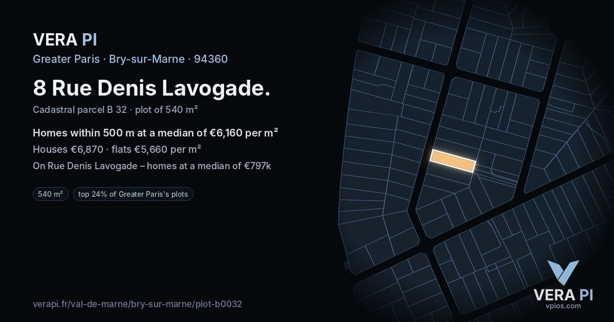 8 Rue Denis Lavogade, Bry-sur-Marne at night – the plot lit, the parcels around coloured by the prices near them