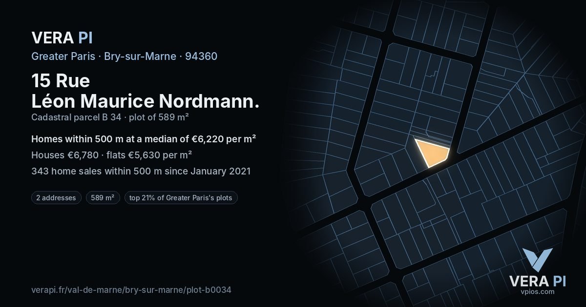 15 Rue Léon Maurice Nordmann, Bry-sur-Marne at night – the plot lit, the parcels around coloured by the prices near them