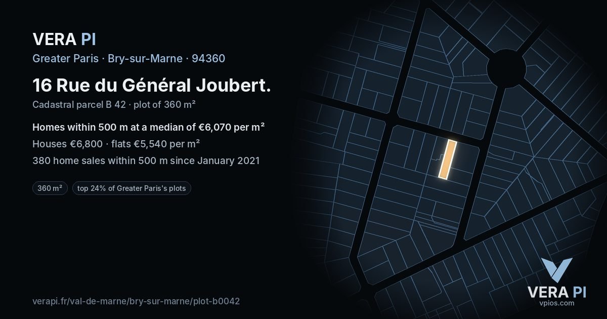 16 Rue du Général Joubert, Bry-sur-Marne at night – the plot lit, the parcels around coloured by the prices near them