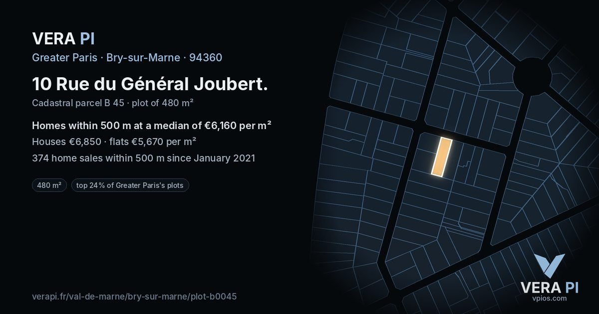 10 Rue du Général Joubert, Bry-sur-Marne at night – the plot lit, the parcels around coloured by the prices near them