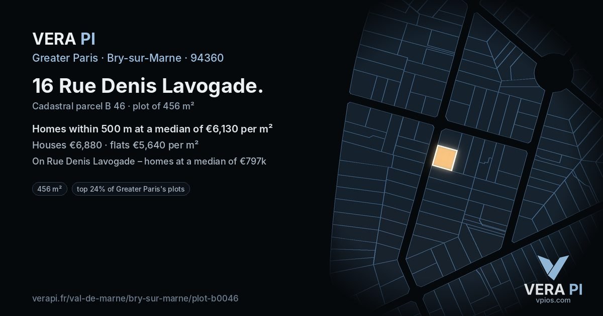 16 Rue Denis Lavogade, Bry-sur-Marne at night – the plot lit, the parcels around coloured by the prices near them