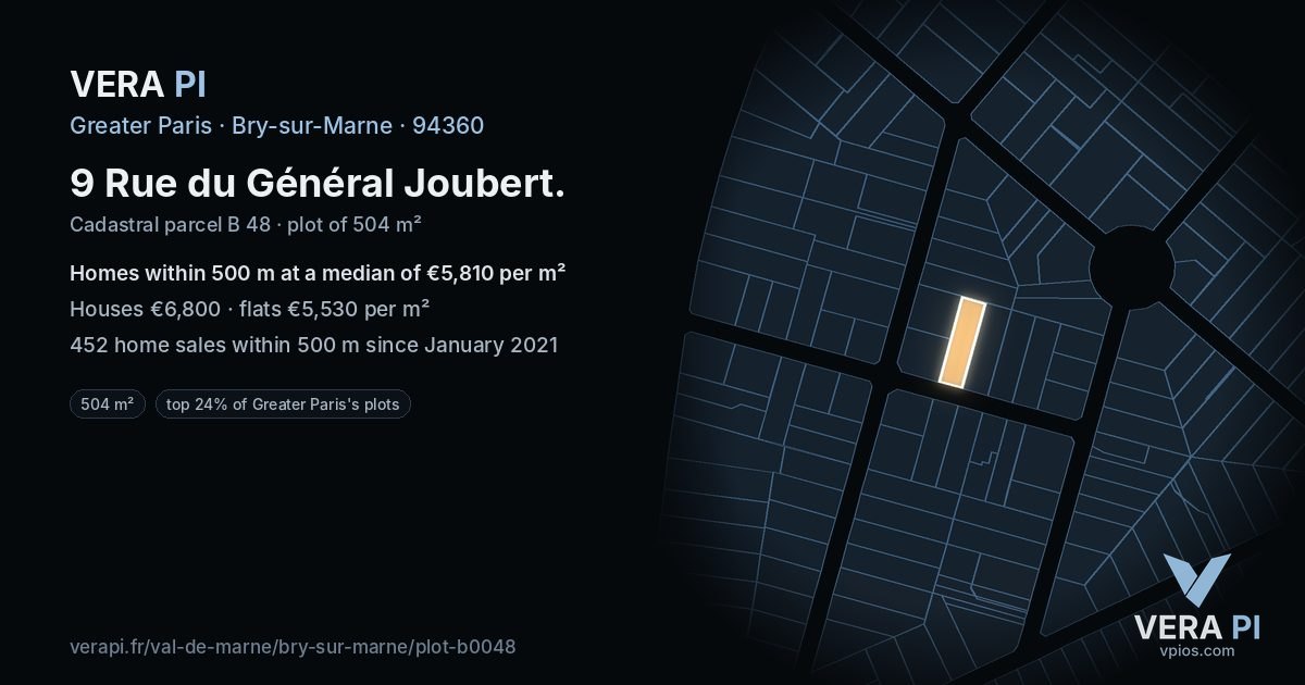 9 Rue du Général Joubert, Bry-sur-Marne at night – the plot lit, the parcels around coloured by the prices near them